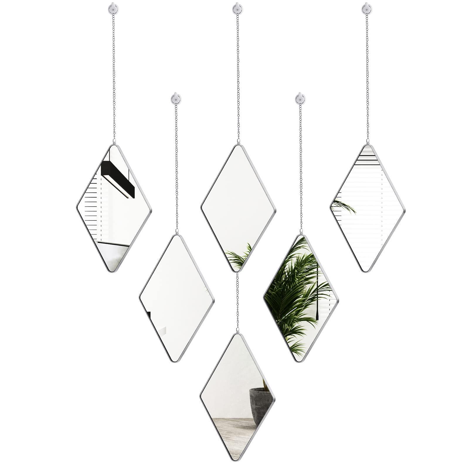 Namalu 6 Pack Mirror Wall Decor Set with 2 Screwdriver Diamond Hanging Chain Silver Frame Decorative for Home Living Room Entryways Bathroom Farmhouse Decor, 10.8x6.7Inch