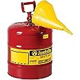 Justrite 5 Gallon Type I Red Safety Gas Can for Gasoline with Flame Arrester, Self-Closing Lid, and Funnel, Made in the USA, Galvanized Steel Flammable Storage Can, 7150110
