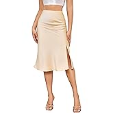 ALCEA ROSEA Women High Waist Silky Satin Midi Skirt Elastic Waist A Line Skirt with Slit