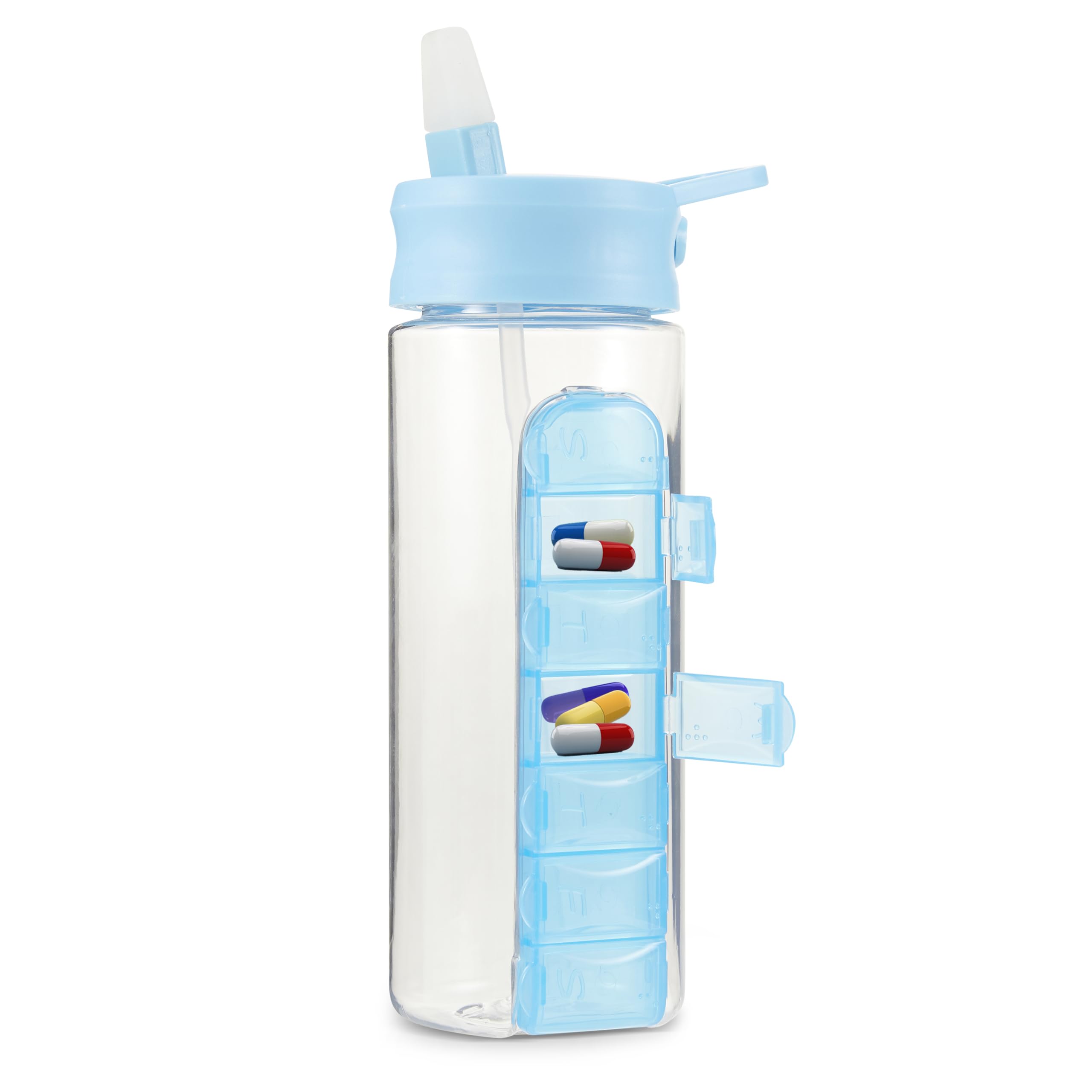Photo 1 of MARS WELLNESS 24 Ounce Water Bottle with Slideout Pill Box, Daily Organizer - 7 Day Medicine Holder, Easy Slide Out Pill Container, Popup Straw for Hydration