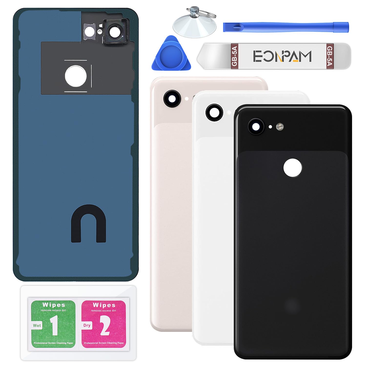 Eonpam Back Cover Glass for Google Pixel 3 Rear Glass Replacement with Camera Lens + Repair Kit Rear Housing (Just Black)
