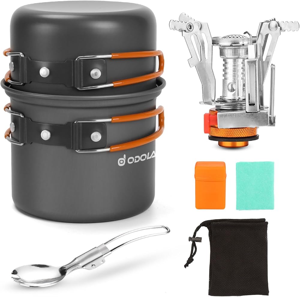 Odoland Camping Cookware Set with Stove for 1-2 People, Portable Stainless Steel