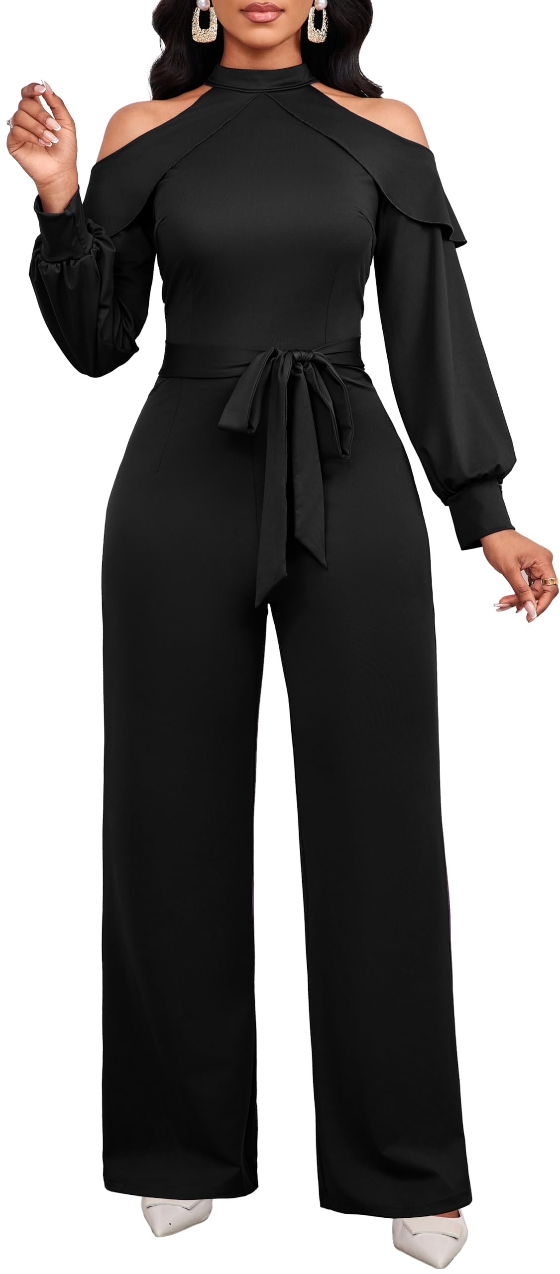 Photo 1 of Black Cold Shoulder Jumpsuit for Women Sexy Lantern Sleeve Long Straight Long Straight Pants Jumpsuits(Large)