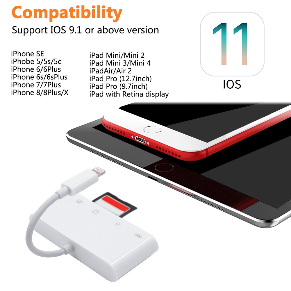 4 in 1 SD Card Reader,High Speed SD/TF Card Reader with USB 2.0 OTG Interface Adapter Cable for iPhone & iPad & Camera Viewer