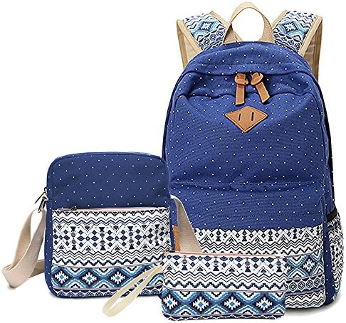 CulturesIn 3 Pieces Geometry Dot Casual Canvas Backpack Bag Suit , Fashion Cute Lightweight Shoulder Daypack School Backpack Causal Handbag for Teen Young Girls (blue)