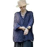 Women's Casual Loose Fit Long Sleeve Shirt Ramie Button Down Blouse Lightweight Retro Style Boho Chic Top