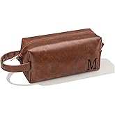 JSENGIFT Mens Toiletry Travel Bag Initial M, Personalized Leather Toiletry Bag for Men, Anniversary Christmas Valentines Fathers Day Birthday Gifts for Husband Dad Grandpa Brother