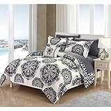 HNU 8 Piece Grey Comforter King Size Geometrical Pattern Reversible Medallion Design White Shade Bohemian Style Glamorous Ext