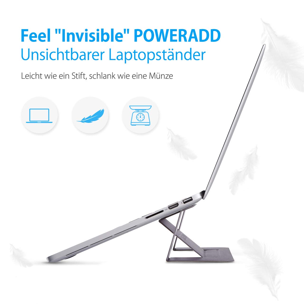 POWERADD unsichtbarer Laptopständer Invisible Notebook Ständer verstellbar, Tragfähigkeit bis 10kg, ideal für unterwegs, grau