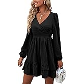 Rooscier Women's Wrap V Neck Swing Ruffle Swiss Dots Long Sleeve Mini Dress