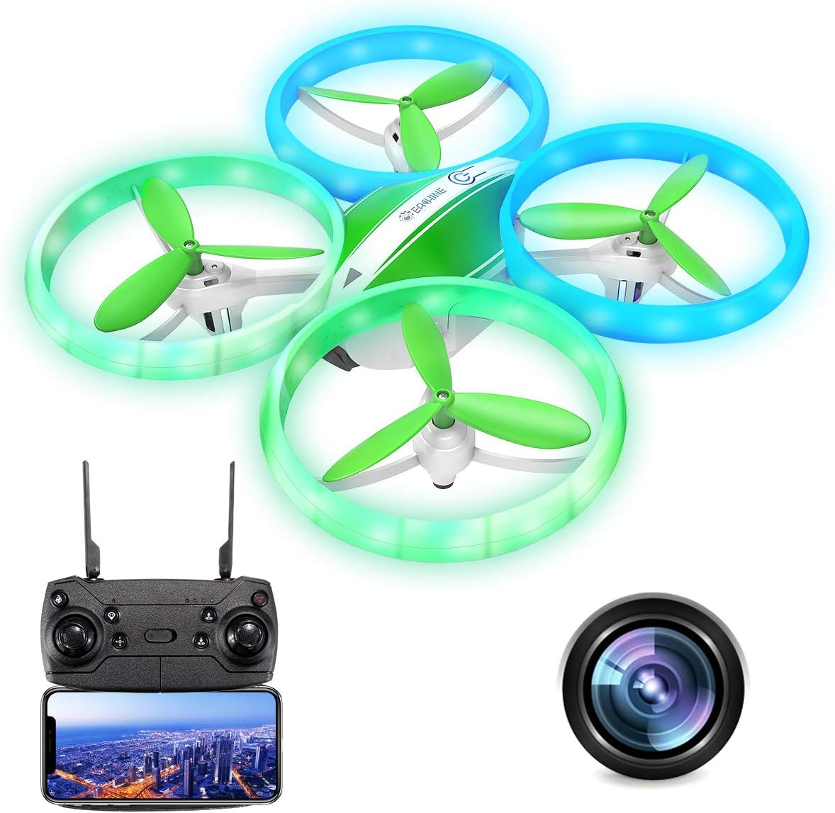 Eachine E65hw Mini Drone With Camera 1080p For Kids Adults 3d Flips Propellers Safety Guard Indoor Outdoor Drone Easy To Operate For Beginners One Battery Green Amazon Co Uk Car Motorbike