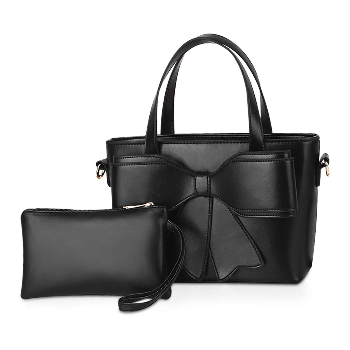 NICOLE & DORIS Women Fashion Handbag with Bow 2 Piece Bag for Ladies Elegant Crossbody Bag+Clutch Wallet PU Leather Shoulder Bags Black