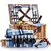 VonShef 4 Person Wicker Picnic Basket Hamper Set with Flatware, Plates and Wine Glasses Includes Blue Checked Pattern Lining and Free Picnic Blanket primary