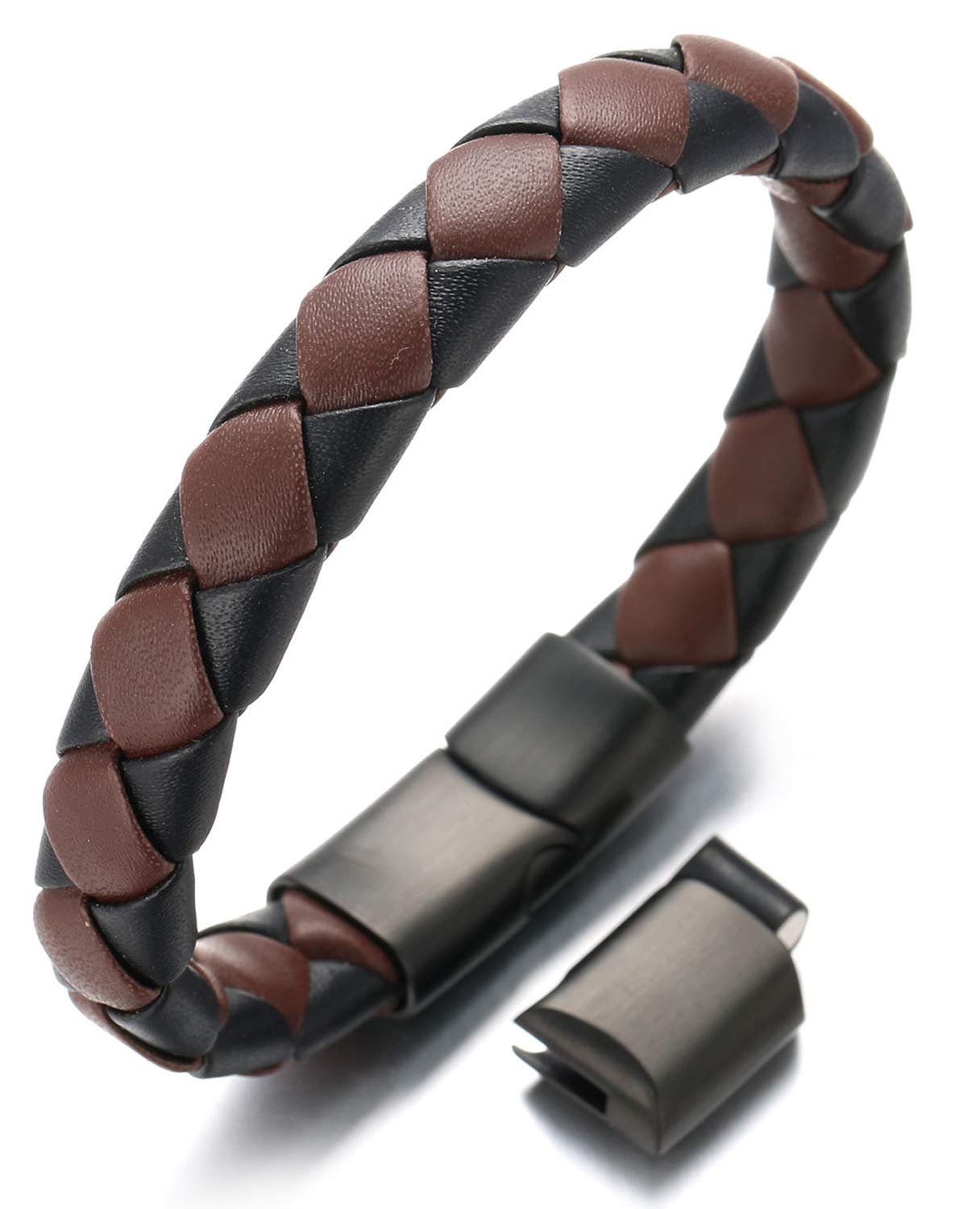 HALUKAKAH Plus ● Tango ● Men's Genuine Leather Handmade Bracelet Braid Brown & Black Check Titanium Magnetic Clasp 8.5"-9"(21.5-23cm) with Free Giftbox