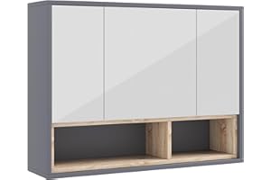 HOMCOM Medicine Cabinet with Mirror, Wall Mounted Bathroom Mirror Cabinet with Shelves, 3 Doors Storage Cabinet, Grey