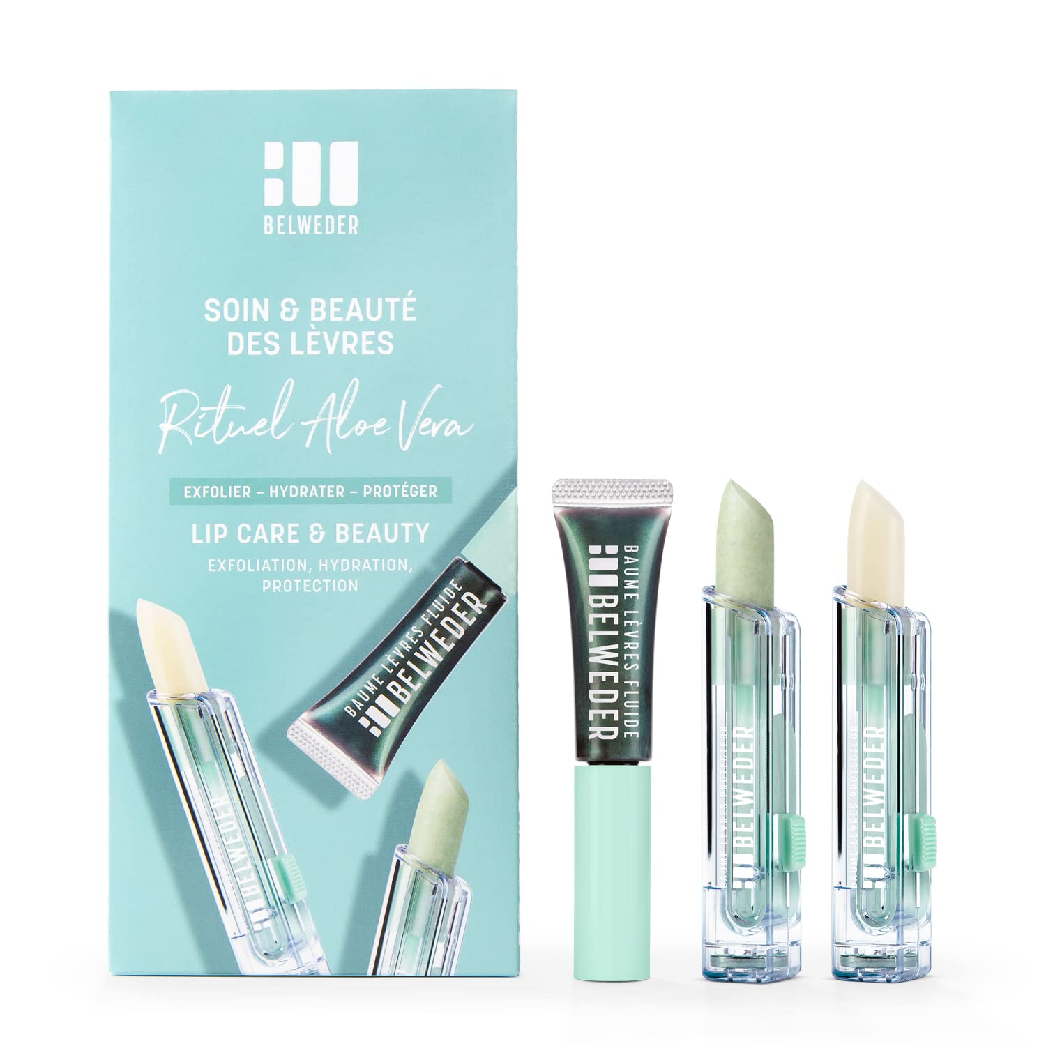 BELWEDER – Aloe Vera Ritual Lip Care & Beauty Set - 3.5 g exfoliating and nourishing 2-in-1 stick scrub + 7 ml moisturizing magic fluid balm + 3.5 g regenerating one-hand balm stick and protector