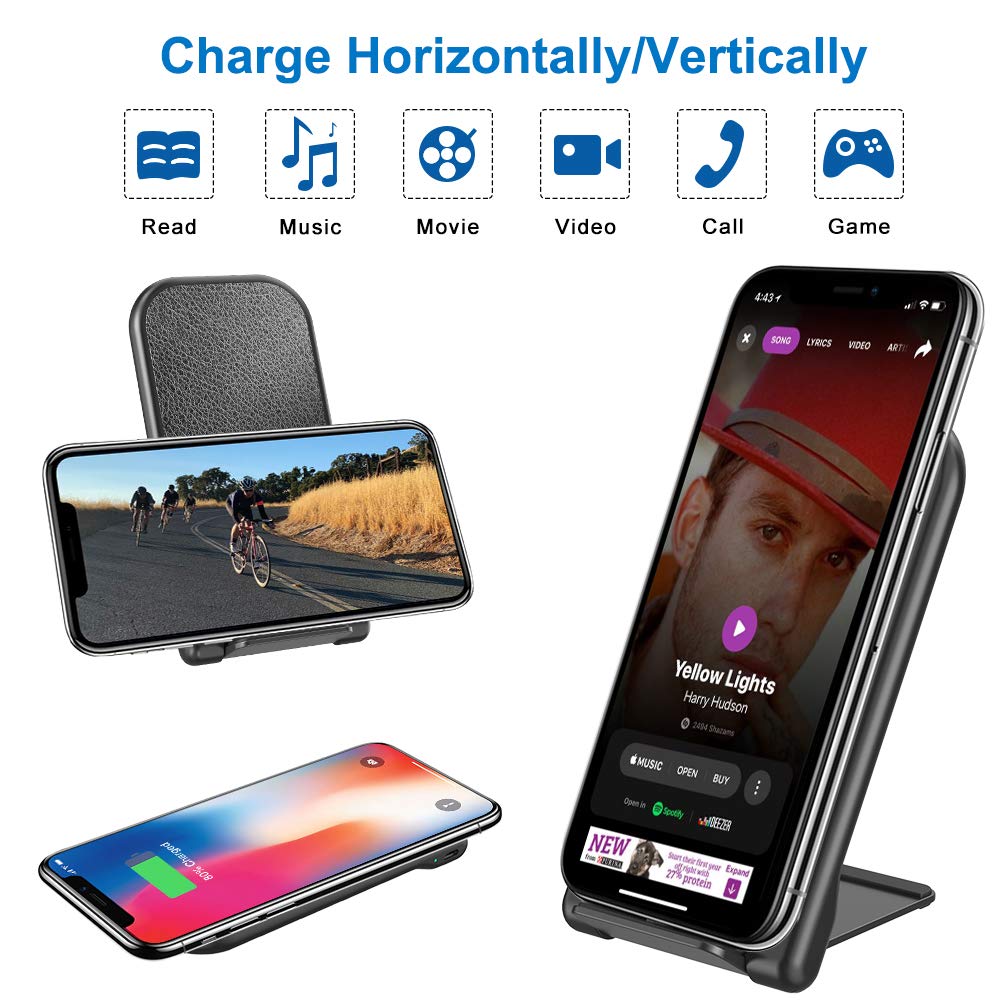 Wireless Charger, Jabuer 7.5W Qi-Certified Fast Wireless Charger Stand for iPhone Xs/Xs Max/XR/X/8/8+, 10W Leather Charging Pad for Galaxy Note 9/S9/S9+, 6W for All Qi-Enabled Phones (with AC Adapter)