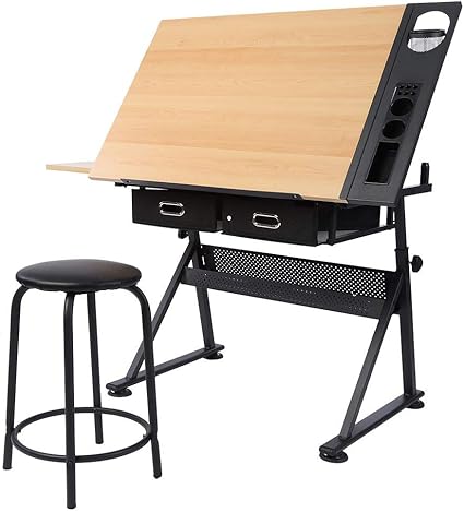 Gotop Table De Dessin Bureau Reglable Avec Deux Tiroirs Table De Dessin Avec Tabouret De Bureau Pour Dessin Travaux Artistiques Architectes Ingenierie Peinture Et Diverses Utilisations Amazon Fr Cuisine Maison