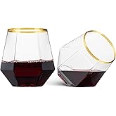 Munfix Gold Rim Plastic Stemless Wine Glasses 32 Pack - Diamond Shaped Unbreakable Disposable 12 Oz Clear Plastic Wine Champagne Whiskey Cups, Shatterproof Recyclable and BPA-Free
