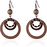 Wooden Earrings for women with Copper and Wood Circle dangle Lightweight Geometric Brown Earrings for Western Bohemian ethnic style