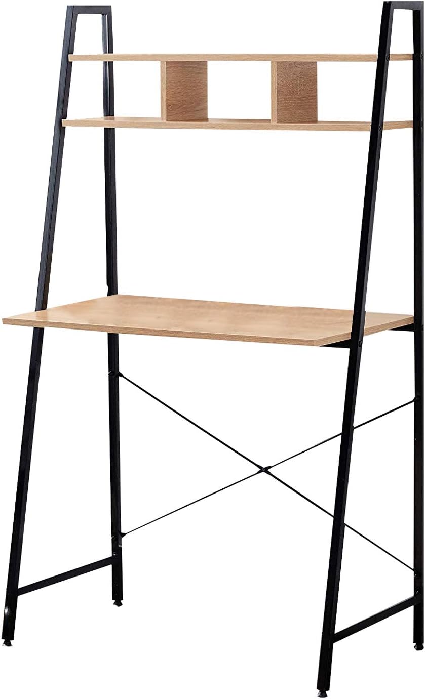 Home Office Black Ladder Steel Frame Desk with Bookcase Above