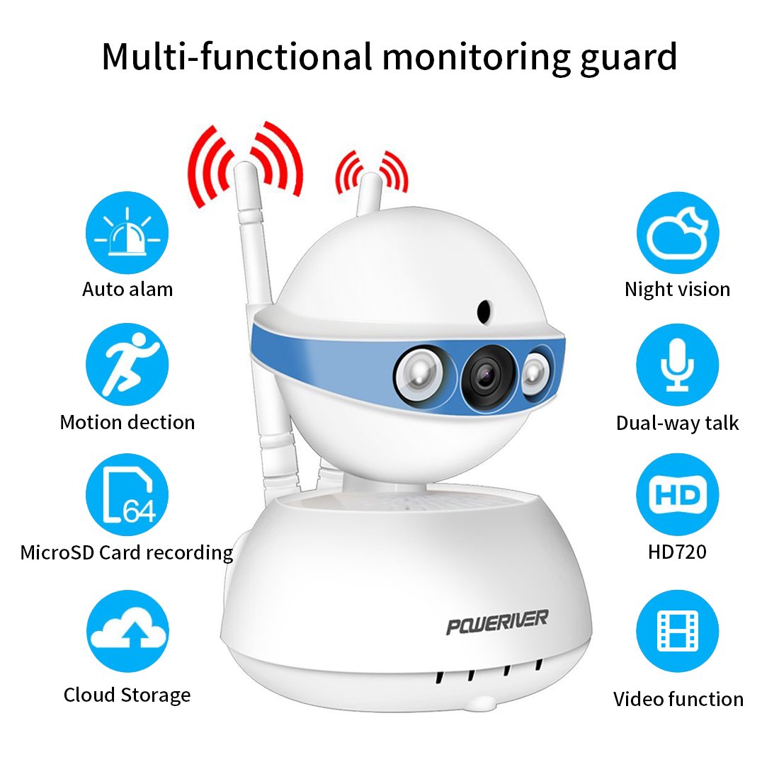 Security Camera,POWERIVER WiFi Ip Indoor Security System with Motion Detection, Two-Way Audio & Night Vision for Baby/Pet/Front Porch Monitor, Remote Control with iOS, Android, PC App(Blue)