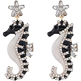 Dainty Seahorse Dangle Earrings Navy Blue Cubic Zirconia Stars and Seahorse Earrings Beach & Ocean Creative Fish Earrings Hypoallergenic Boho Drop Earrings For Women
