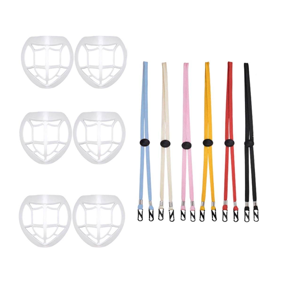 3D Face Inner Bracket Support Reusable Holder Frame Lip Makeup Protection, Lanyard with Clip Adjustable Length Strap for Earloop, 6 Pieces Each