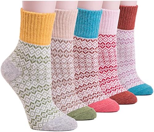 YOMORES 5 Pack Women Thick Soft Socks Colorful Square Wool Warm Winter Fall Crew Socks (C1)