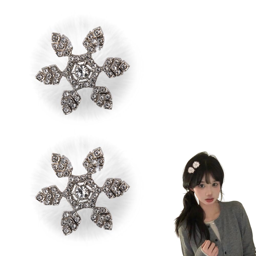 Fluffy Snowflake Hair Clips for Christmas Rhinestone Hair Accessories for Women Girls Snowflake Christmas Hair Slides Barrettes for Women Thick Fine Hair Plush Hair Clips Christmas Gifts 2pcs