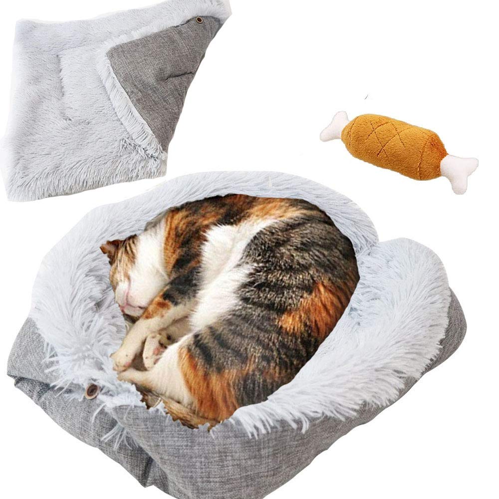 BRONG Plush Cat Bed Super Soft Pet Bed for Cats and Small Dogs Washable Detachable 2 in 1 Fluffy Pet Cushion Bed Slef Warming Kitten Puppy Sleeping With Sounding Chicken Leg Toy