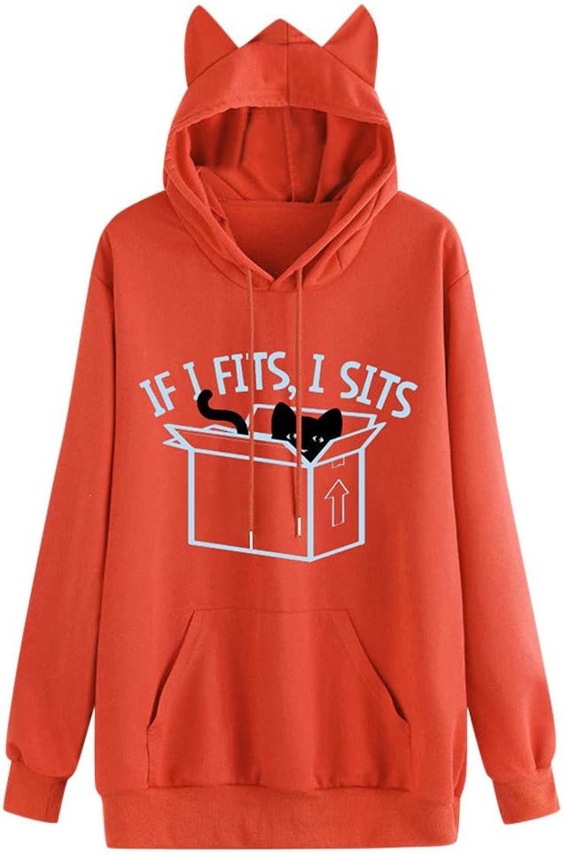 Holywin Women Casual Cat Printed Long Sleeve Cat Ear Hooded Sweatshirt Pocket Top Blouse