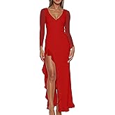 Mokoru Women Sexy V Neck Long Sleeve Mesh Bodycon Ruffle Hem Split Cocktail Party Maxi Dresses