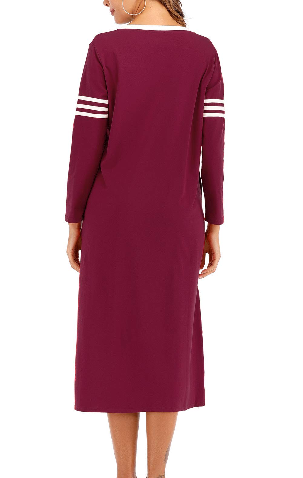 AOVXO Long Nightgown Womens V Neck Long Sleeve Nightshirt Ultra-Soft Cotton Fabric Split Hem Design with 2 Side Deep Pockets (Wine Red, 2XL)