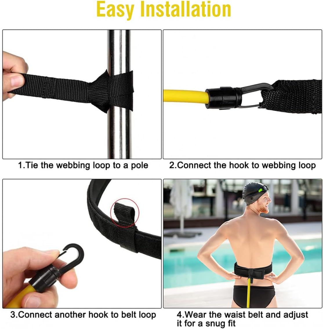 Swim Training Belts, Swim Training Leash, Swim Tether Stationary Swimming, Swim Harness Static Swimming Belt, Swim Bungee Cords Resistance Bands (Yellow, 3) : Sports & Outdoors