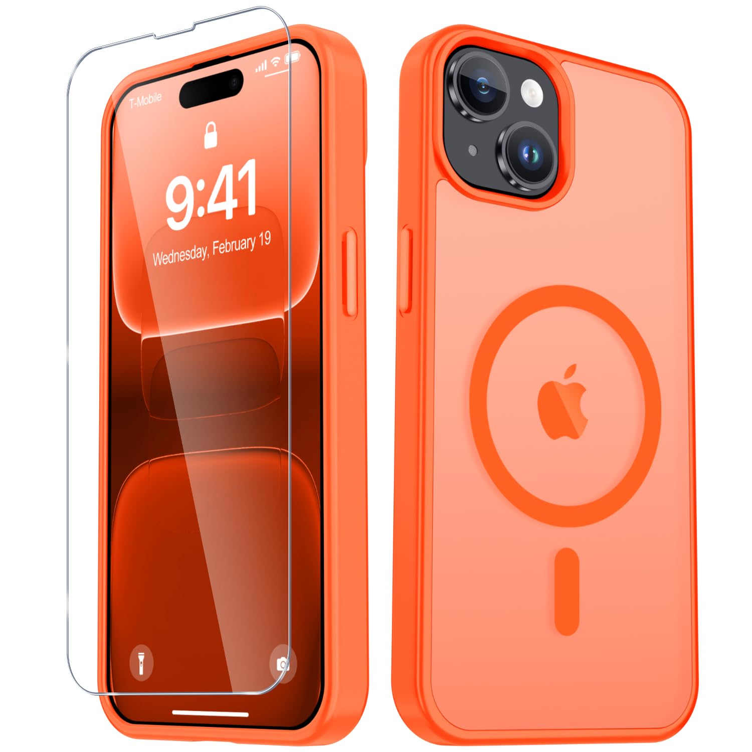 Photo 1 of YENAPOON for iPhone 15 Case, iPhone 14/13 Case, Matte Magnetic Phone Cover [with 1 Screen Protector] [Support for MagSafe] [Shockproof Military Grade Protection] Translucent Frosted Back, Orange
