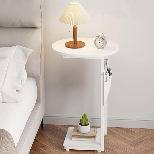 VAGUSICC C SHAPED END TABLE, SIDE TABLE FOR COUCH, SMALL COUCH SIDE TABLE FOR SMALL SPACES, SLIDE UNDER SOFA TRAY DESK WITH STORAGE BAG, ROUND SIDE TABLES FOR LIVING ROOM AND BEDROOM, WHITE