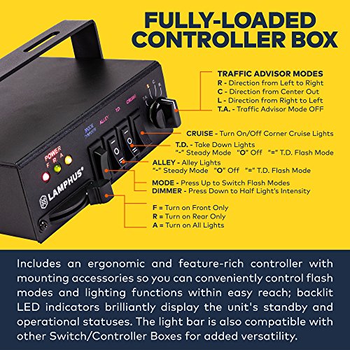 LAMPHUS SolarBlast SBFB98 47" 98W Emergency Vehicle LED Full-Size Light Bar [SAE J595 Class III] [58 Flash Modes] [INC. Controller Box] [Universal & Permanent Mount] Amber Rooftop Warning Light - Thumbnail 5