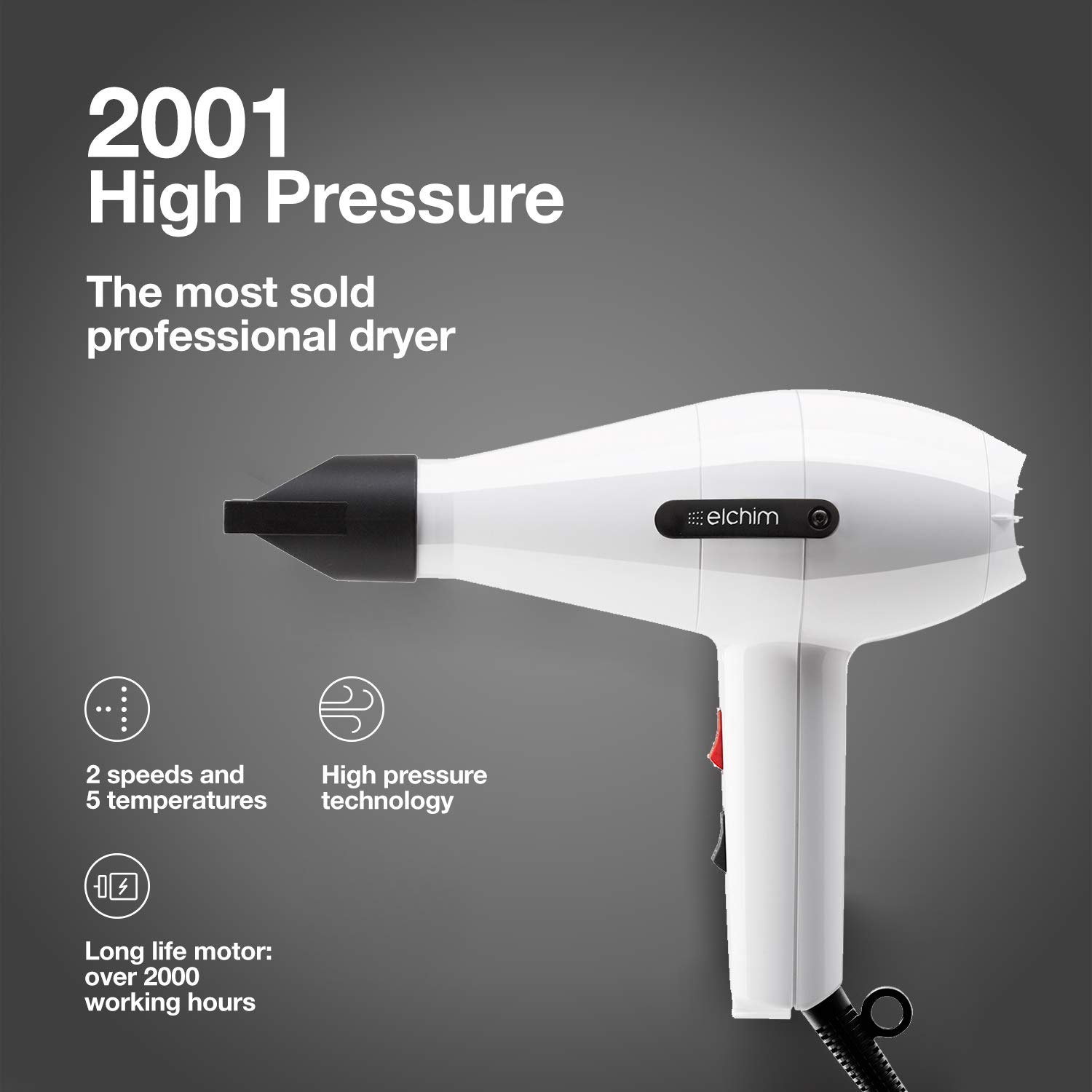 Elchim Classic 2001 High Pressure Hair Dryer - 1875 Watt Quick Dry Professional Salon Blow Dryer