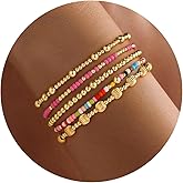 Turandoss Gold Beaded Bracelets for Women Girls - Dainty 14K Gold Plated Turquoise Cross Bead Bracelet Pearl Bracelets Set for Women Heishi Clay Beaded Bracelet Jewelry Gifts for Her