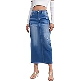 ZMTUO Women's High Waisted Long Denim Skirt with Back Slit Distressed Holes Stretch Whisker Wash
