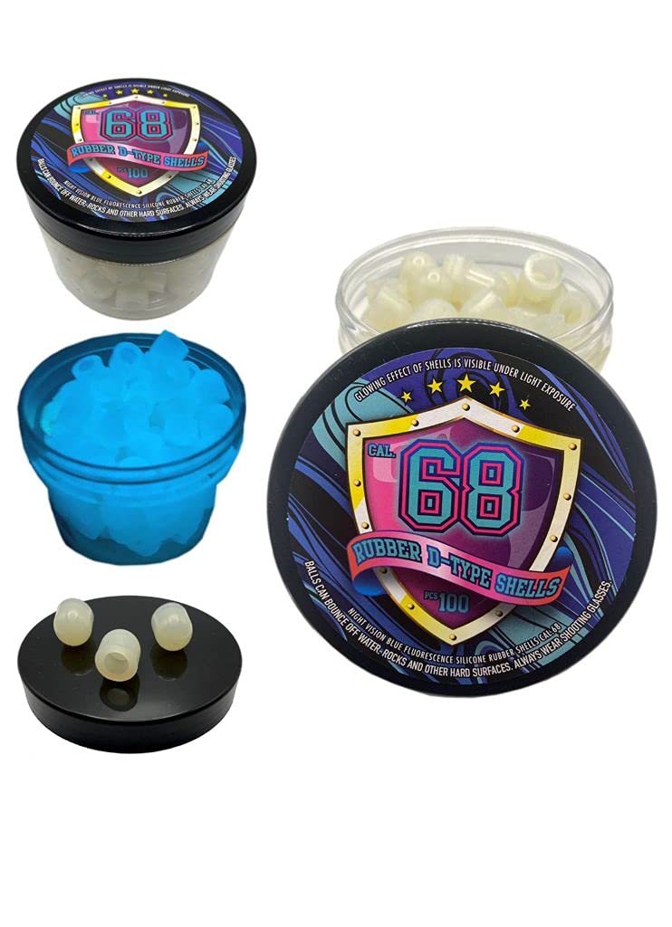 Rubber Balls 100 pcs. D-Shaped Blue Night Vision Rubber Shells Glowing in The Dark Projectiles Ammo for Target Practice, Shooting, Training and Defense Pistols in 68 Cal.