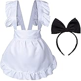 Wannsee Fancy Cute White Retro Frilly Adorable Maid Waitress Aprons Vintage Costume Bow Headdress Set(Adjustable Bow)