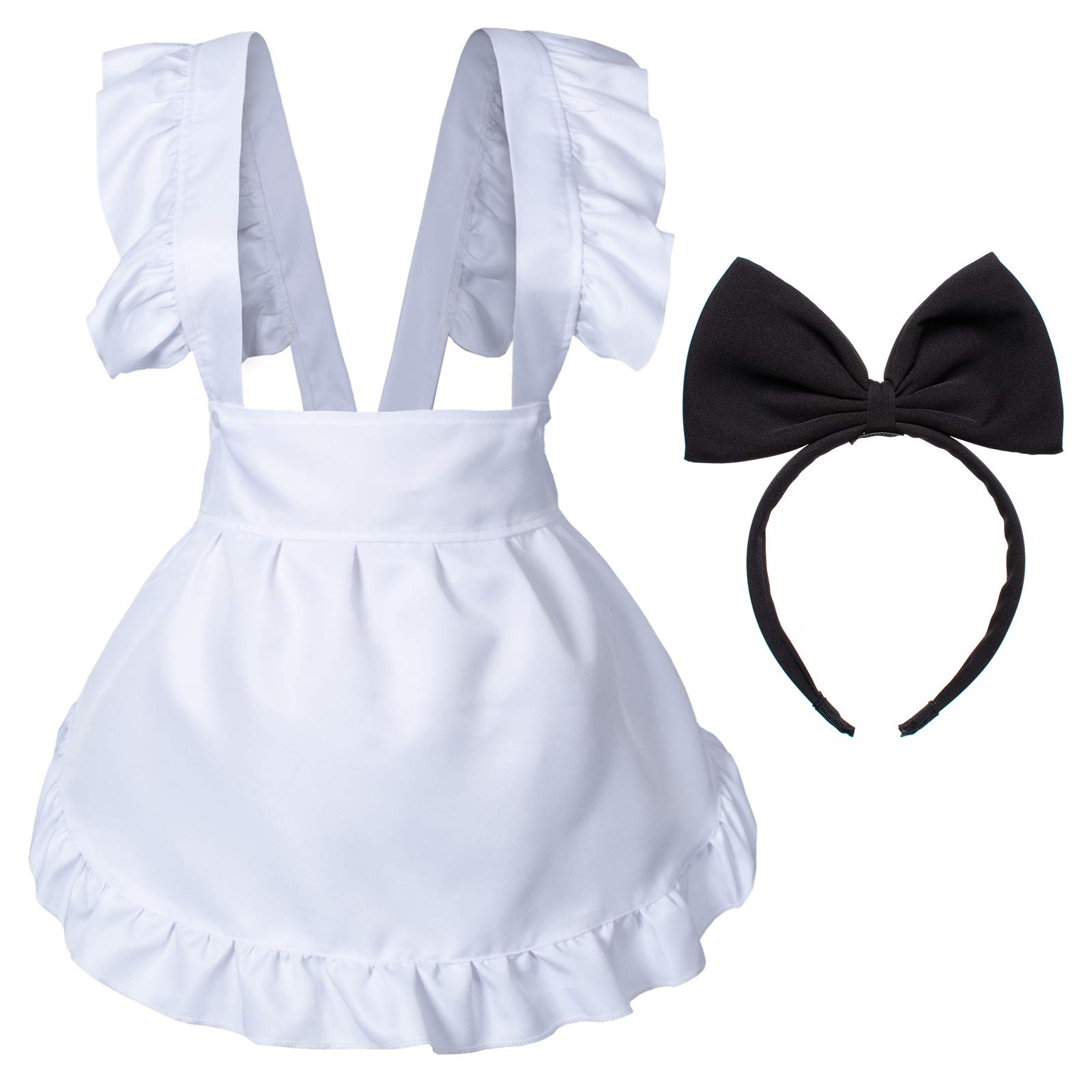 Wannsee Fancy Cute White Retro Frilly Adorable Maid Waitress Aprons Vintage Costume Bow Headdress Set(Adjustable Bow)
