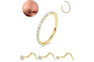 PURBEAUT 18G/16G Nose Rings Hoop and 20g Nose Studs Sets for Women Men, Hypoallergenic 316L Surgical Steel Hinged Clicker Segment CZ Nose Hoops Double Hoop Nose Ring Septum Lip Helix Cartilage Daith Tragus Sleeper Earrings Gold Silver L Shape/Corkscrew Nose Studs Nostril Small Piercing Jewelry, Pack of 4Pcs