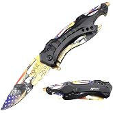 MTECH USA Folding Knife, 3.75-Inch Half-Serrated Blade, Titanium Coating, Glass Breaker, Pocket Clip