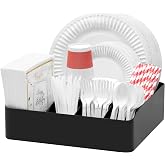 Lifewit Paper Plate Organizer Kitchen Countertop Party, Silverware Caddy | Plastic Utensil Holder with 7 Compartment, Cutlery Flatware Dispenser Box for Cup Spoon Fork Napkin, Black, 12.3 x 11.3&ldquo;