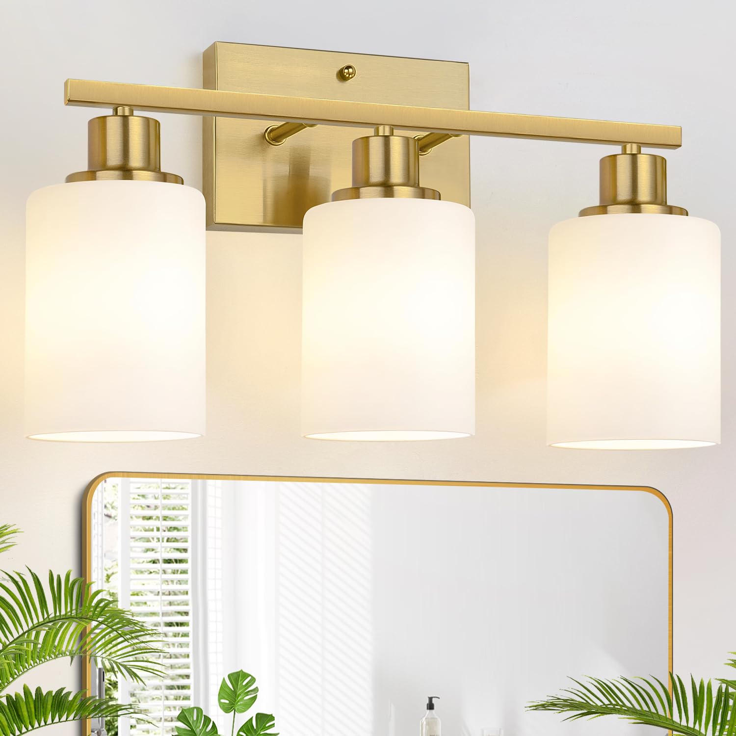 Photo 1 of 3-Light Bathroom Light Fixtures, Brushed Gold Vanity Light with Milky White Shades, Bathroom Lighting Fixtures Over Mirror, Modern Bathroom Wall Lamp for Mirror Living Room Cabinet Bedroom