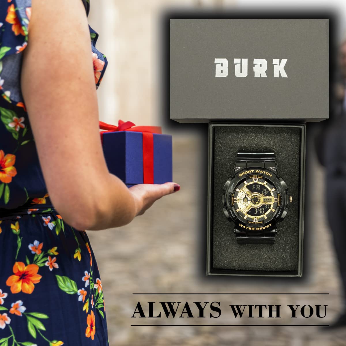 BURK 1688BKGD Military Wristwatch Men Water Shock Resistant Dual Time Sports Digital LED Display