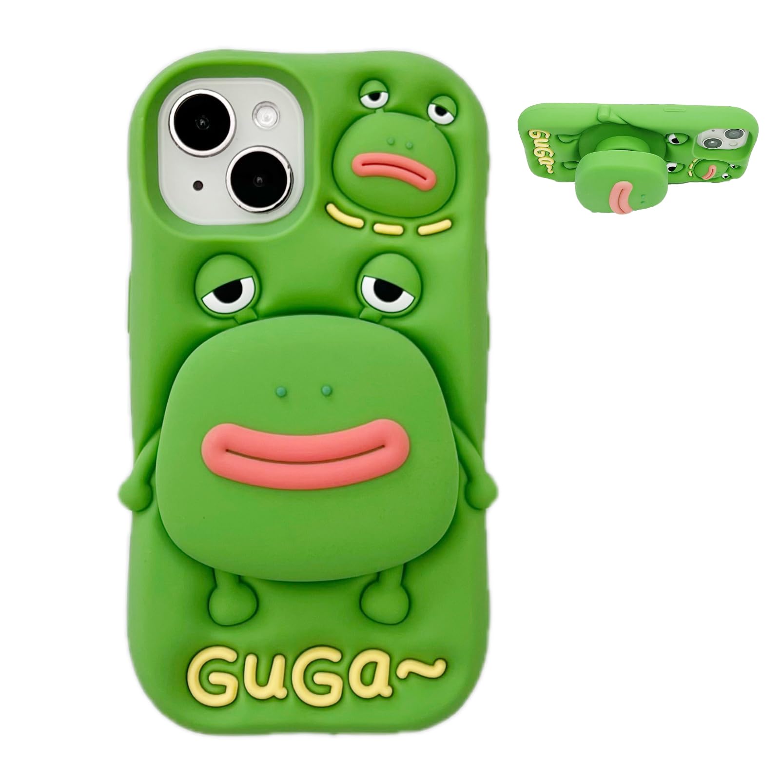 YAKVOOK Bracket Phone Case Compatible with iPhone 15 Pro，Cute 3D Cartoon Ugly Frog Holder Funny Soft Silicone Shockproof Protective Cover for Women Girls